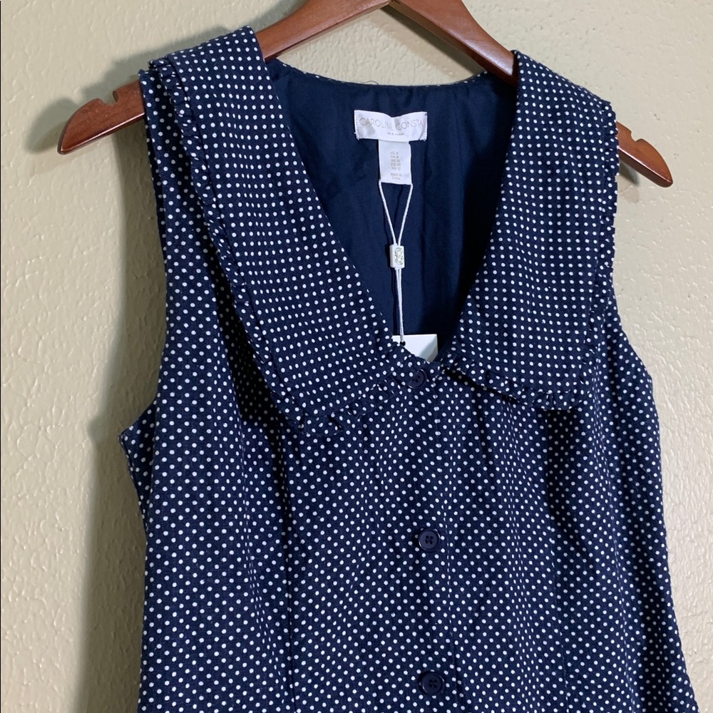 New Caroline Constas‎ Polka Dot Mini Dress Linen Blend Navy Mediterranean Size 8 - Picture 3 of 10